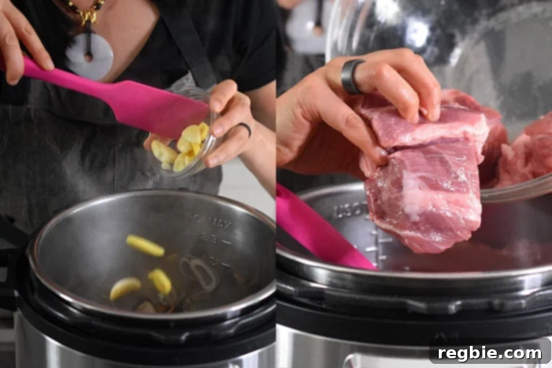 Two images: left shows fresh ginger and garlic being added to the Instant Pot; right shows cubed pork shoulder being added and stirred into the pot with aromatics.