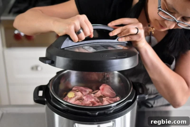 A person is carefully placing and locking the lid on top of the Instant Pot.