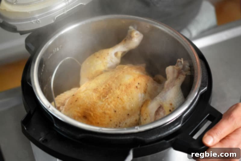 A perfectly cooked whole chicken, steaming gently within an Instant Pot, ready for carving and serving with rich gravy.