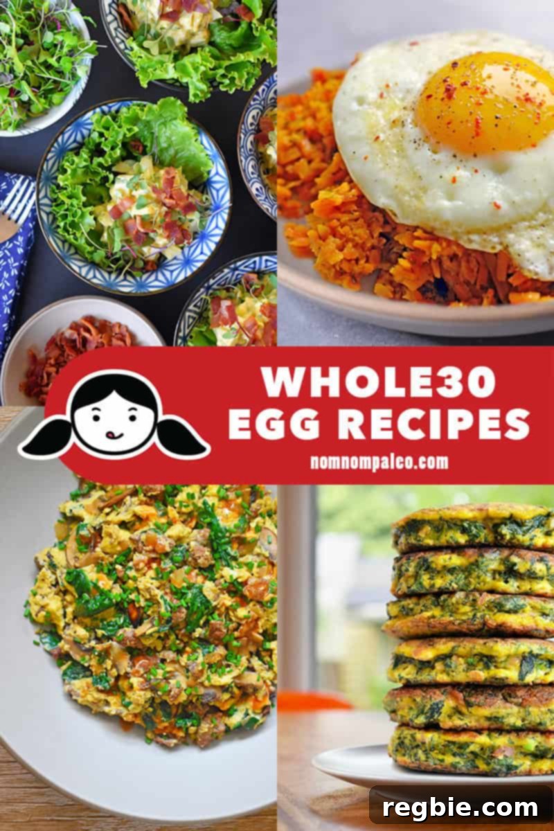 Delicious Whole30 Egg Ideas 3 A vibrant collage showcasing four different Nom Nom Paleo Whole30 egg recipes, perfect for any meal.