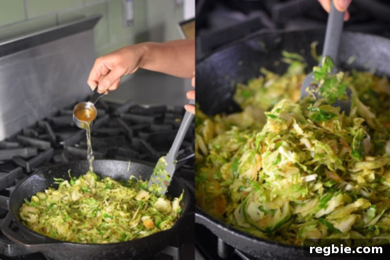 Crispy Bacon Brussels Sprouts 12 Apple cider vinegar being added and stirred into the Brussels sprouts after turning off the heat.