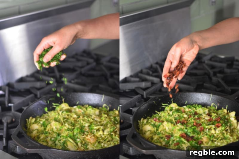 Crispy Bacon Brussels Sprouts 13 A hand sprinkling fresh herbs and crispy bacon bits on top of the finished shaved Brussels sprouts dish.