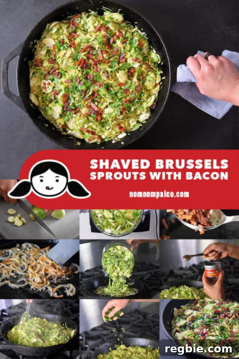 Crispy Bacon Brussels Sprouts 3 A visual guide showing the step-by-step process of cooking Shaved Brussels Sprouts with Bacon, from preparation to the finished dish.