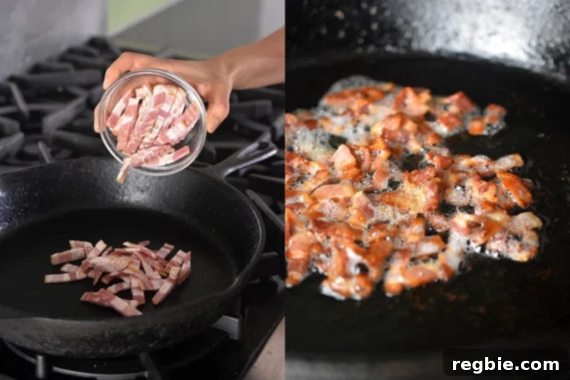 Crispy Bacon Brussels Sprouts 4 Cooking ¼-inch cut bacon bits in a cold cast iron skillet, gradually heating to medium for perfect crispiness.