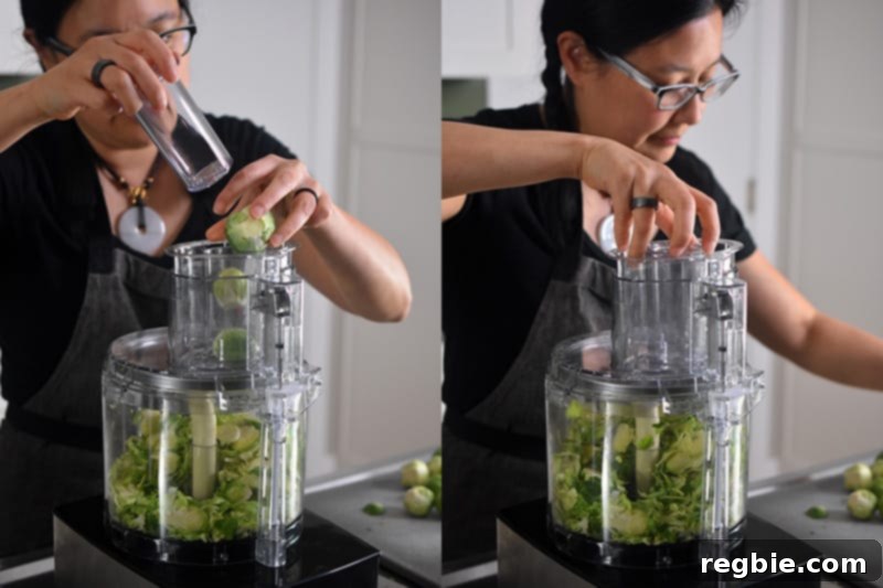 Crispy Bacon Brussels Sprouts 5 Shredding whole Brussels sprouts with the slicing attachment on a food processor for quick and even cooking.