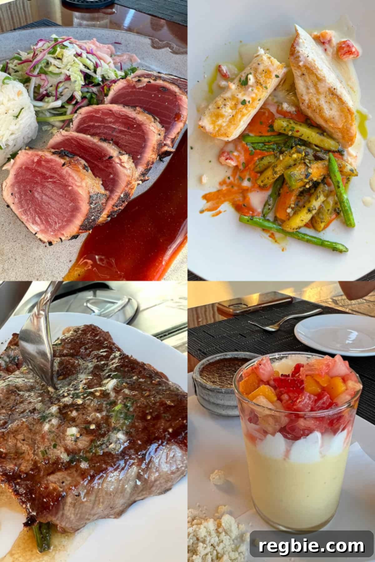 Four gluten free dishes at Merriman's in Kapalua: seared ahi, fresh catch, ribeye, and a mango pot de creme.
