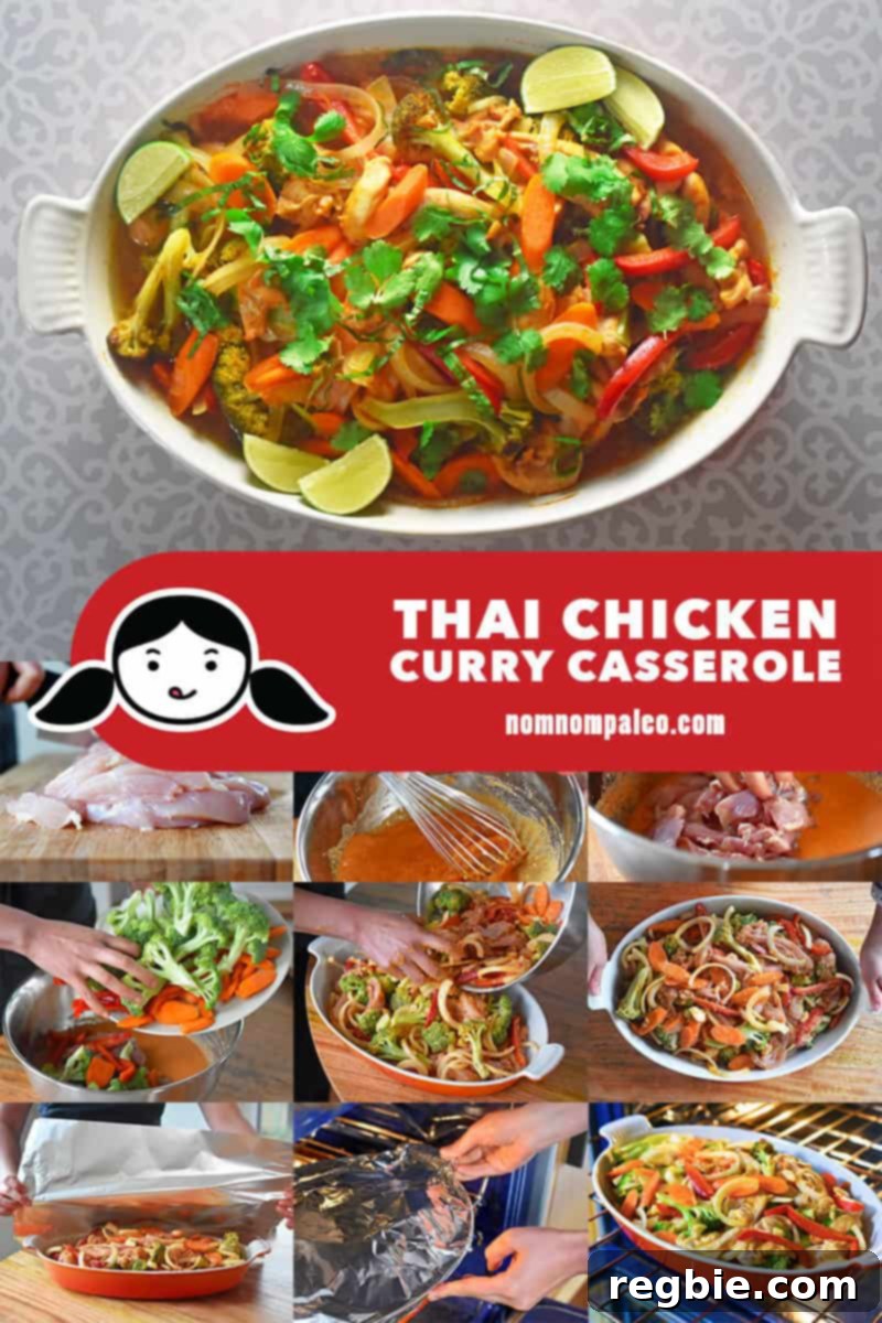 A visual collage showing the step-by-step process of preparing Thai Chicken Curry Casserole, from chopping ingredients to mixing and baking.