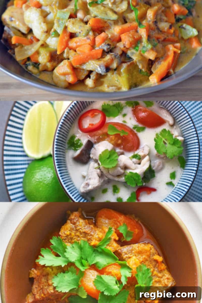 A collage of three Whole30 compliant Thai dishes that can be made using leftover Thai curry paste: Thai Chicken Curry, Tom Kha Gai, and Instant Pot Beef Curry, showcasing the versatility of the ingredient.