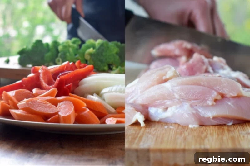 A picture showing neatly cut vegetables (onions, carrots, broccoli, red bell pepper) and thinly sliced chicken thigh strips, ready for mixing in the Thai Chicken Curry Casserole preparation.