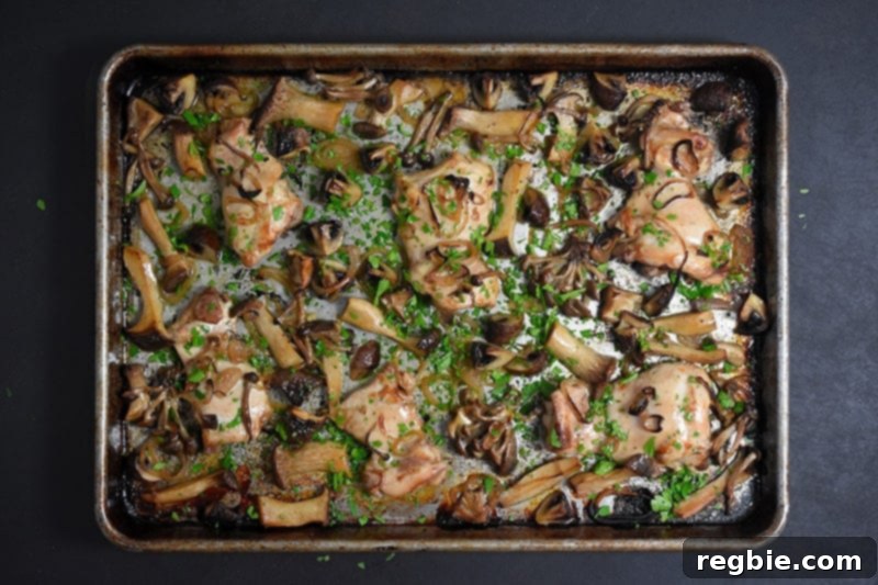 An inviting overhead shot of the finished Sheet Pan Chicken and Mushrooms dinner, ready to be enjoyed.
