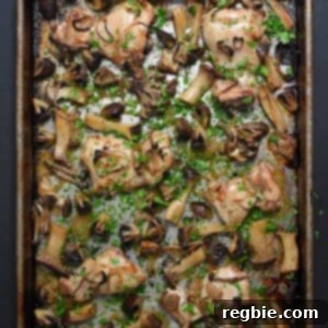 An overhead shot of the delicious Sheet Pan Chicken and Mushrooms