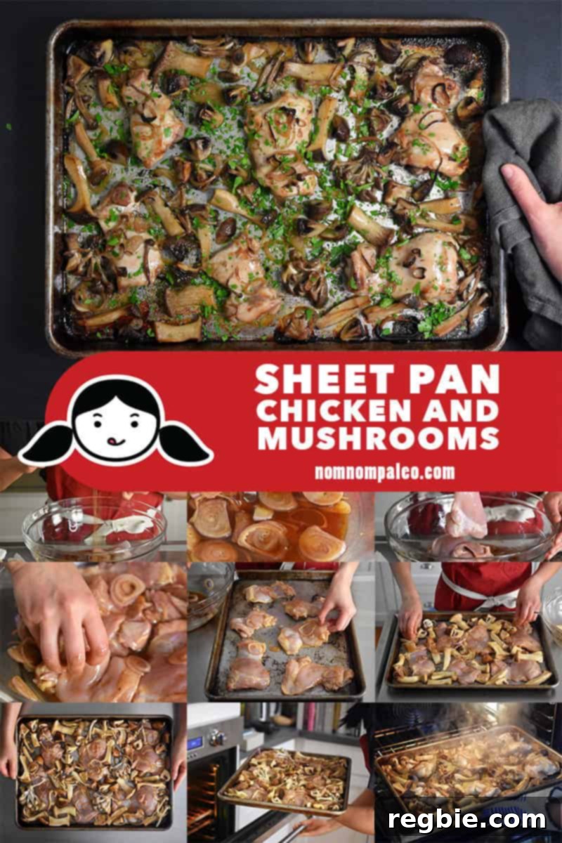 A collage showing the various cooking steps to prepare Sheet Pan Chicken and Mushrooms, from marinating to baking.