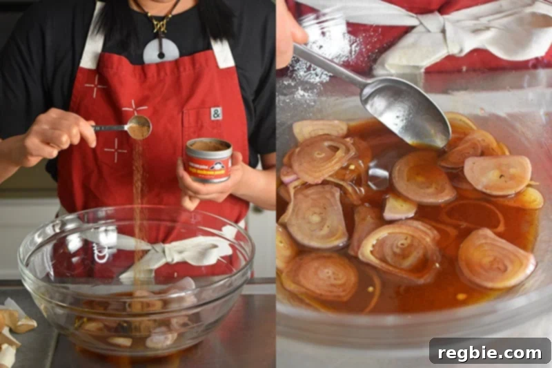 Preparing the savory marinade for Sheet Pan Chicken and Mushrooms, showing shallots and Magic Mushroom Powder being added to liquid ingredients.
