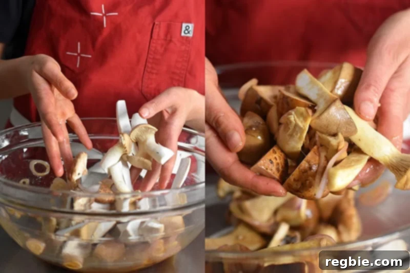 Tossing sliced mushrooms into the leftover marinade in the bowl to coat them thoroughly.