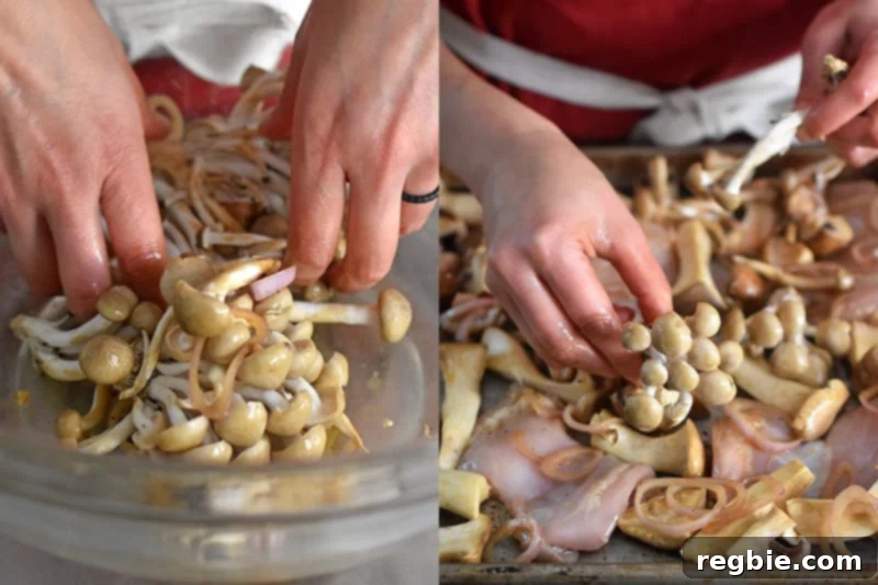 Carefully tossing delicate enoki mushrooms in the marinade to prevent breaking them, then adding them to the sheet pan.
