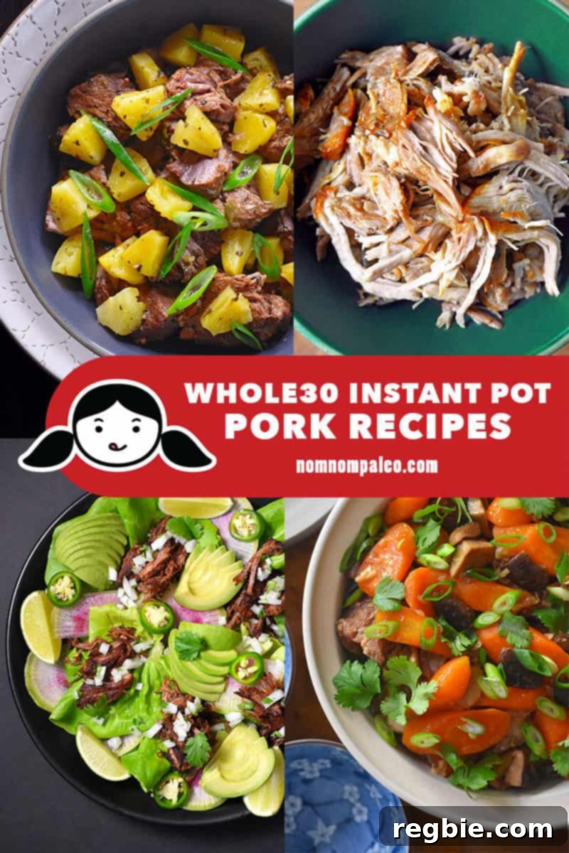 A vibrant collage showcasing Nom Nom Paleo's top Whole30 Instant Pot Pork Recipes, highlighting the delicious results of pressure-cooked pork shoulder, perfect for meal prep.