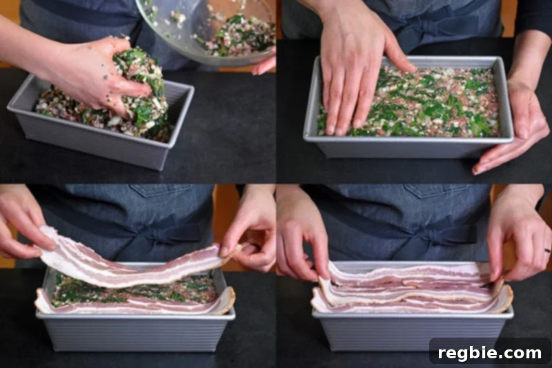 Easy Whole30 Paleo Keto Meatloaf Nut and Dairy Free 10 Transferring the meatloaf mixture into the greased loaf pan and carefully placing three strips of bacon on top for flavor and a crispy crust.