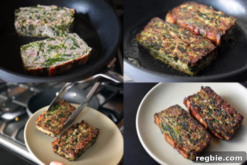 Easy Whole30 Paleo Keto Meatloaf Nut and Dairy Free 16 Leftover slices of Easy Paleo and Keto Meatloaf fried until crispy in a cast iron pan, showcasing a delicious way to enjoy leftovers.