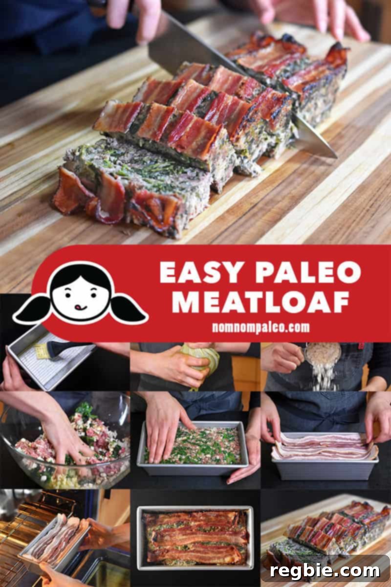 Easy Whole30 Paleo Keto Meatloaf Nut and Dairy Free 3 A visual step-by-step collage demonstrating the preparation process for Easy Paleo Meatloaf, from mixing ingredients to topping with bacon.