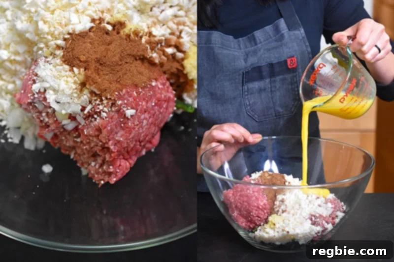 Easy Whole30 Paleo Keto Meatloaf Nut and Dairy Free 8 Pouring whisked eggs into the bowl of unmixed meatloaf ingredients, providing the essential binder for the mixture.