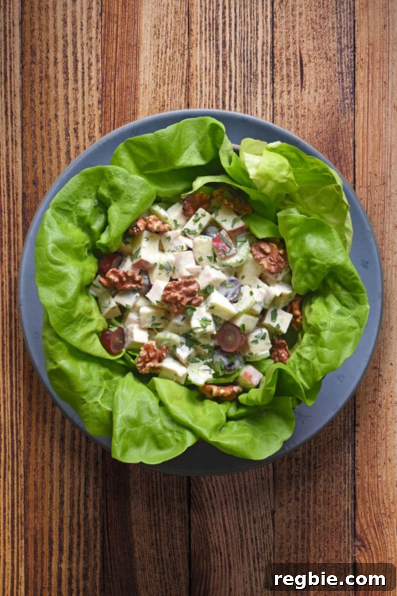 An overhead shot of a vibrant Chicken Waldorf Salad served on a bed of fresh lettuce, showcasing tender chicken, crisp apples, juicy grapes, crunchy celery, and toasted walnuts, all coated in a creamy dressing.