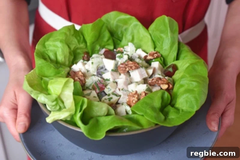 Two hands holding a rustic bowl filled with the finished Chicken Waldorf Salad, emphasizing its fresh and wholesome appearance.