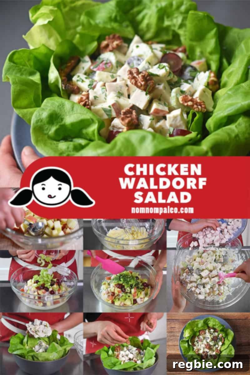 A visual collage showing the step-by-step process of preparing Chicken Waldorf Salad, from dicing ingredients to mixing them in a bowl.