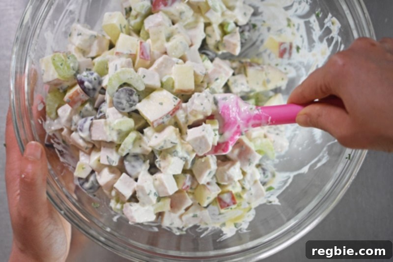 A large bowl of chicken Waldorf salad being mixed with a spoon, showing the uniform coating of dressing and vibrant ingredients, ready for final seasoning.