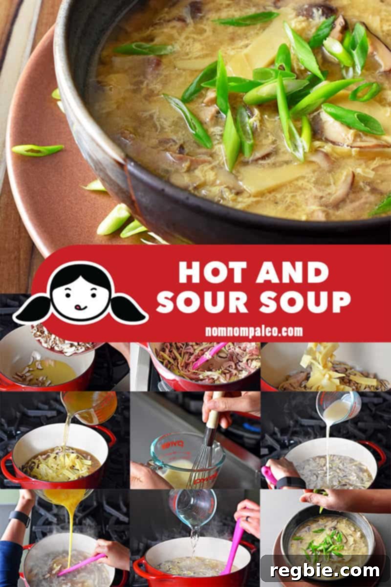 Zesty Whole30 Gluten Free Hot and Sour Soup 3 A collage of the cooking steps for hot and sour soup, highlighting fresh, wholesome ingredients.