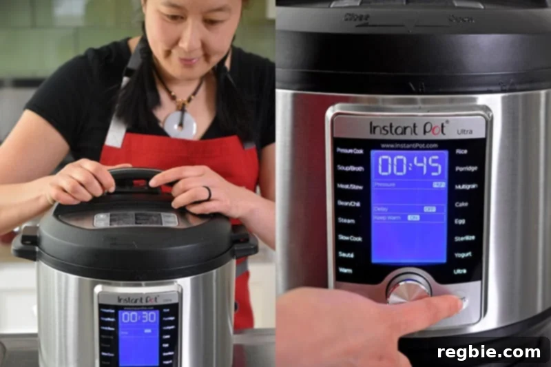 A woman locks the lid on the Instant Pot. On the right, an Instant Pot Ultra display shows that it is ready to cook for 45 minutes under high pressure, indicating the settings are correctly programmed.