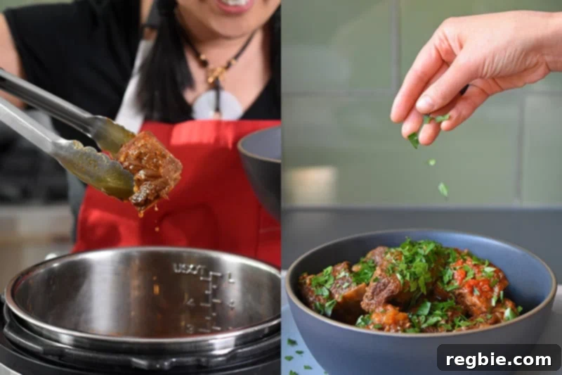 Using a pair of tongs to transfer the short ribs to a serving dish. On the right, someone is sprinkling minced Italian parsley on top of the Instant Pot Magic Short Ribs for garnish.