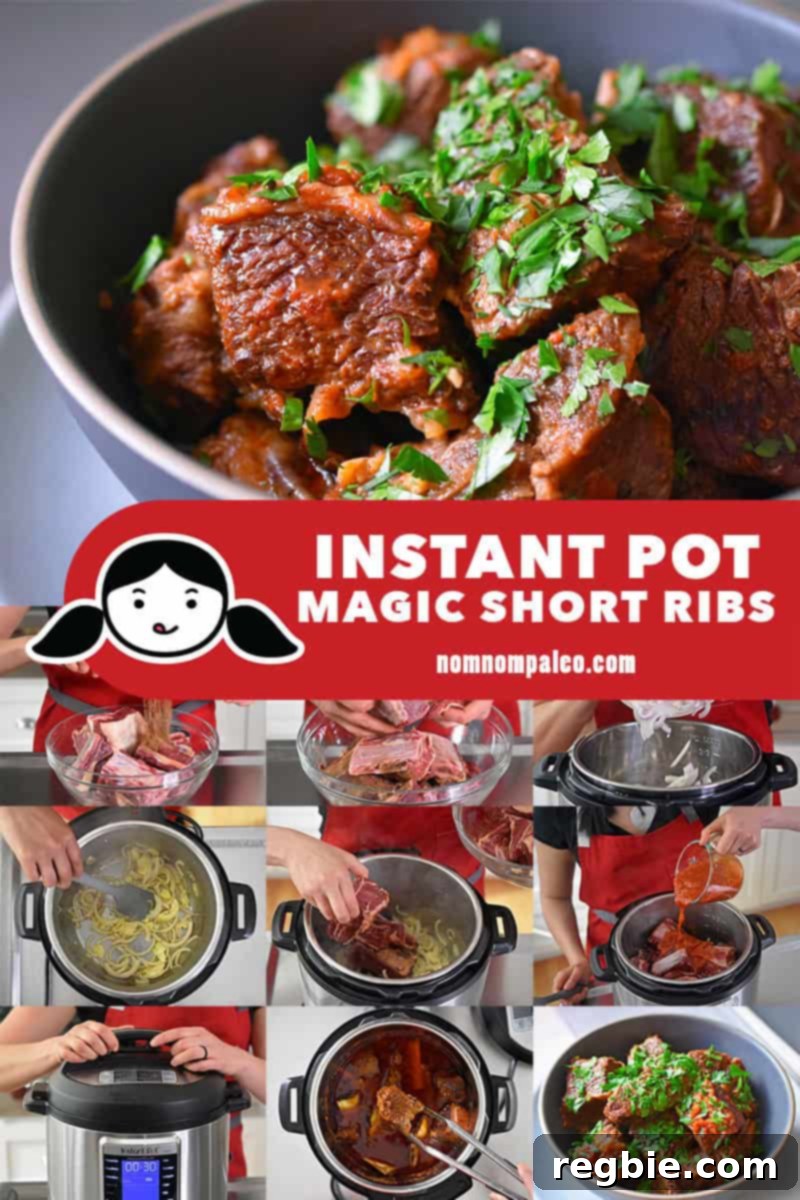 A collage of the cooking steps to make Instant Pot Magic Short Ribs, showing the progression from raw ingredients to cooked dish.