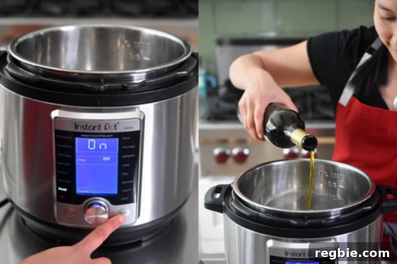 A finger presses the Start button on an Instant Pot to turn on the Sauté function. Extra virgin olive oil is poured into the metal insert of an Instant Pot when it gets hot. The next image shows sliced shallots and smashed garlic cloves being sautéed in the Instant Pot.