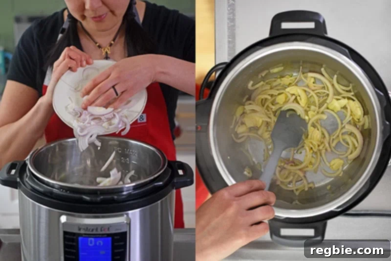 Sliced shallots are added to an open Instant Pot. The image on the right is an overhead shot of someone sautéing sliced shallots and smashed garlic cloves until fragrant.