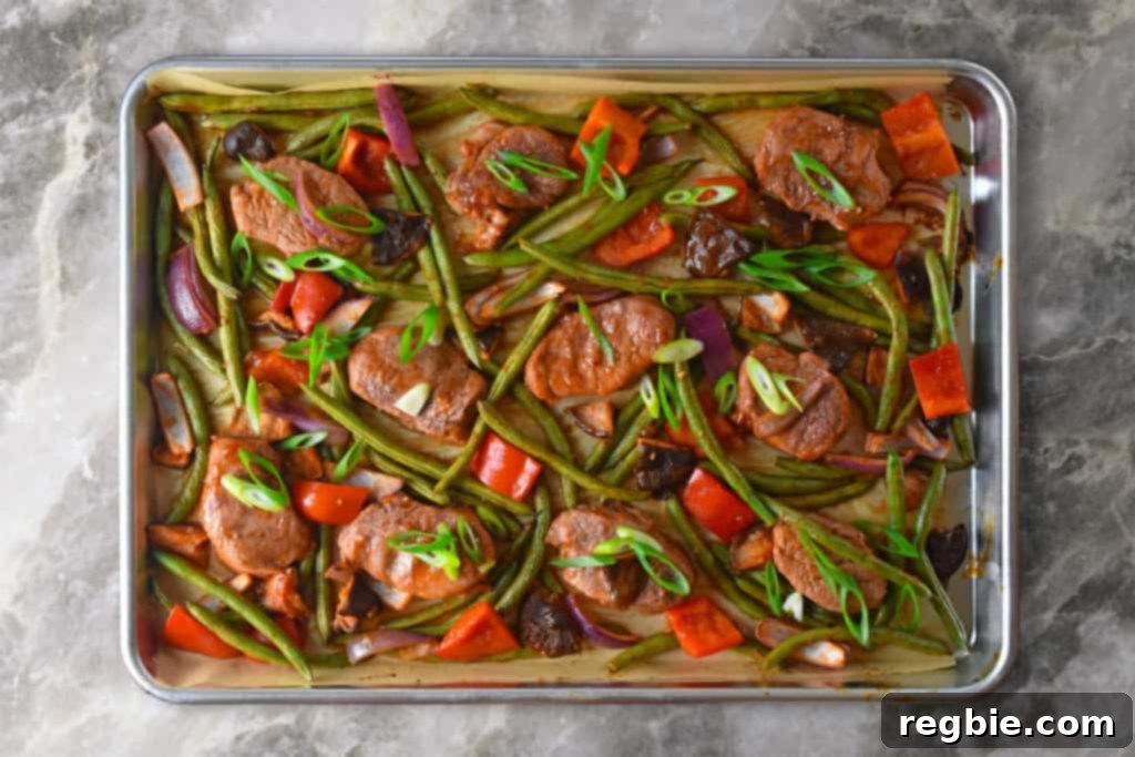 Sticky Sweet and Spicy Sheet Pan Pork 13 An overhead shot of Sheet Pan Sweet and Spicy Pork ready to eat.