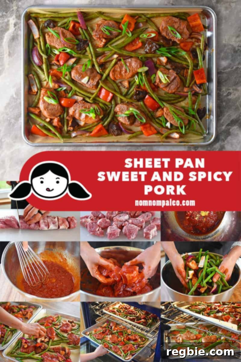 Sticky Sweet and Spicy Sheet Pan Pork 3 A collage of the cooking steps for Sheet Pan Sweet and Spicy Pork.