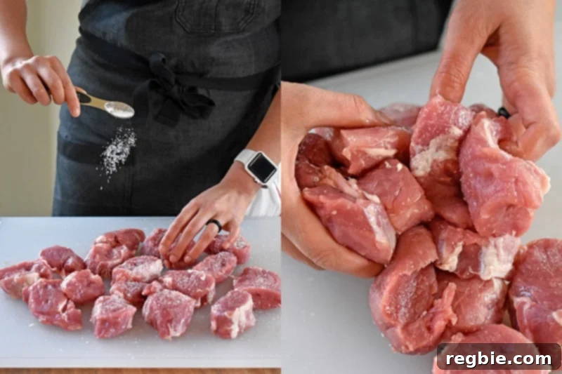 Sticky Sweet and Spicy Sheet Pan Pork 5 Someone sprinkling Diamond Crystal salt on pork tenderloin medallions.