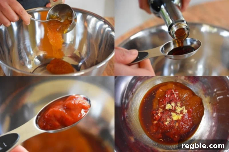 Sticky Sweet and Spicy Sheet Pan Pork 6 Measuring out the marinade ingredients into a large mixing bowl.