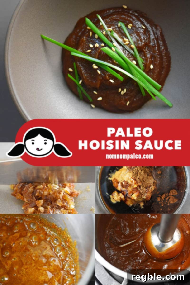 A collage showing the step-by-step process of making paleo hoisin sauce from scratch.