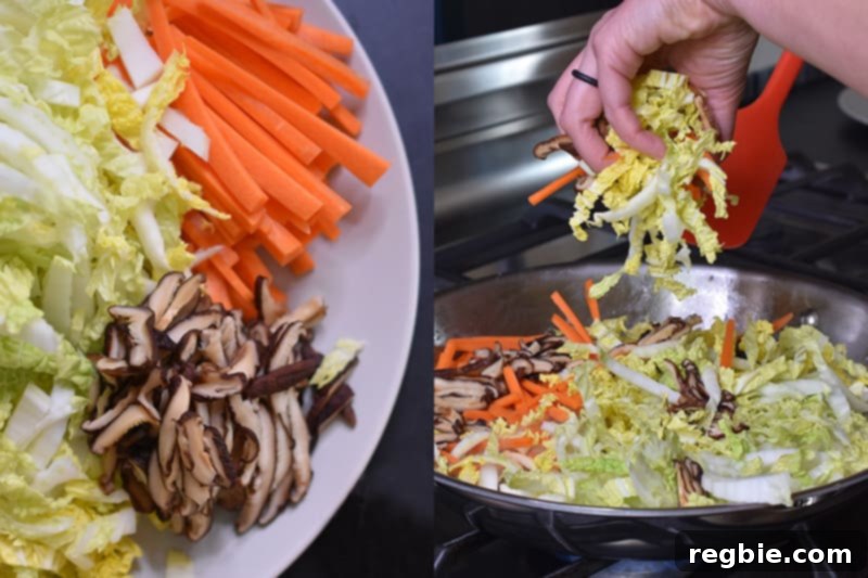 Adding the cut vegetables to the empty skillet after the pork has been removed.