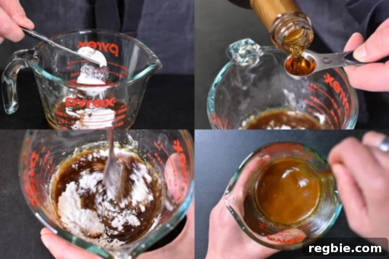 Whisking the All-Purpose Stir-Fry Sauce with sesame oil and arrowroot powder in a liquid measuring cup.