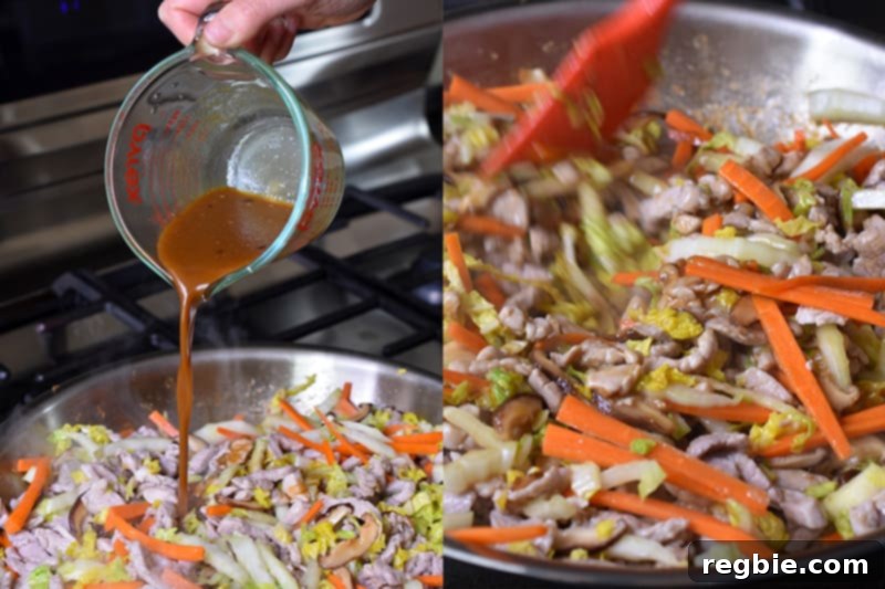Pouring the All-Purpose Stir-Fry Sauce into the skillet with the pork and vegetables.