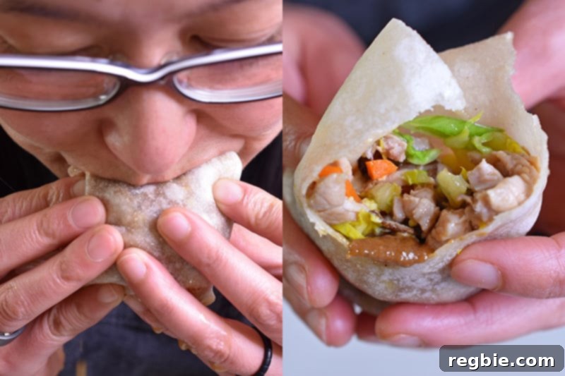 On the left, a woman with glasses is biting into a grain-free tortilla filled with Paleo Moo Shu Pork. On the right, is a shot of the inside of the Paleo Moo Shu Pork after a big bite has been taken.