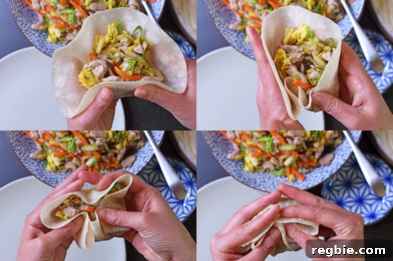 Step-by-step pictures on how to wrap paleo moo shu pork in a grain-free tortilla