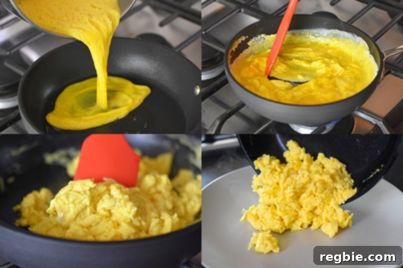 Scrambling eggs in a non-stick skillet until they are moist and fluffy.