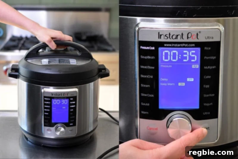 On the left, a hand locking the lid on an Instant Pot Ultra. On the right, programming for 35 minutes under high pressure.