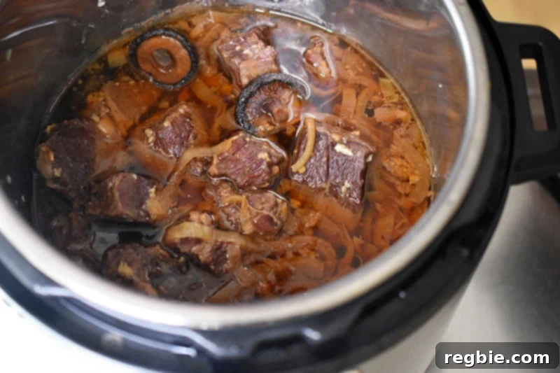 An overhead shot of the Instant Pot Chinese Beef Stew immediately after the initial cooking phase is complete.