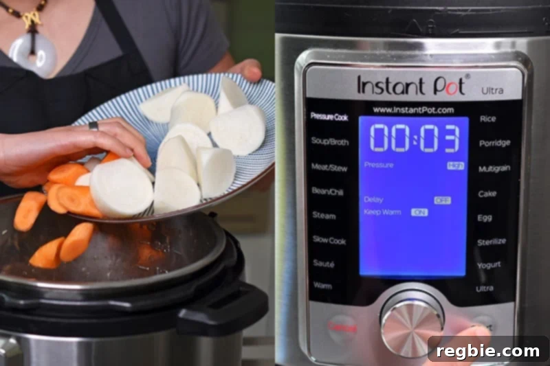 On the left, someone adding sliced carrots and daikon to an open Instant Pot. On the right, programming for 3 minutes under high pressure.