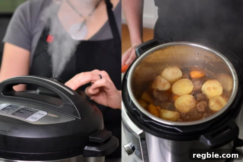 On the left, someone manually releasing pressure from an Instant Pot. On the right, an open Instant Pot with cooked daikon and carrots in the stew.