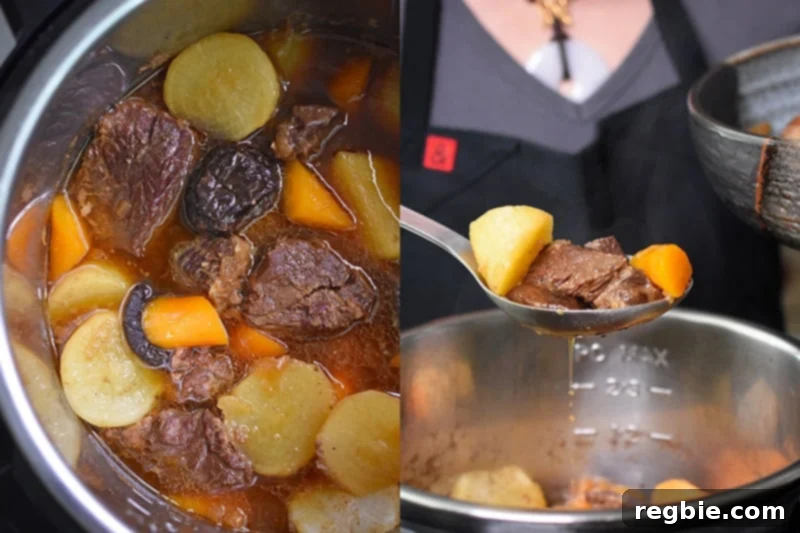 A person in a black apron ladling the Instant Pot Chinese Beef Stew into a ceramic serving bowl.